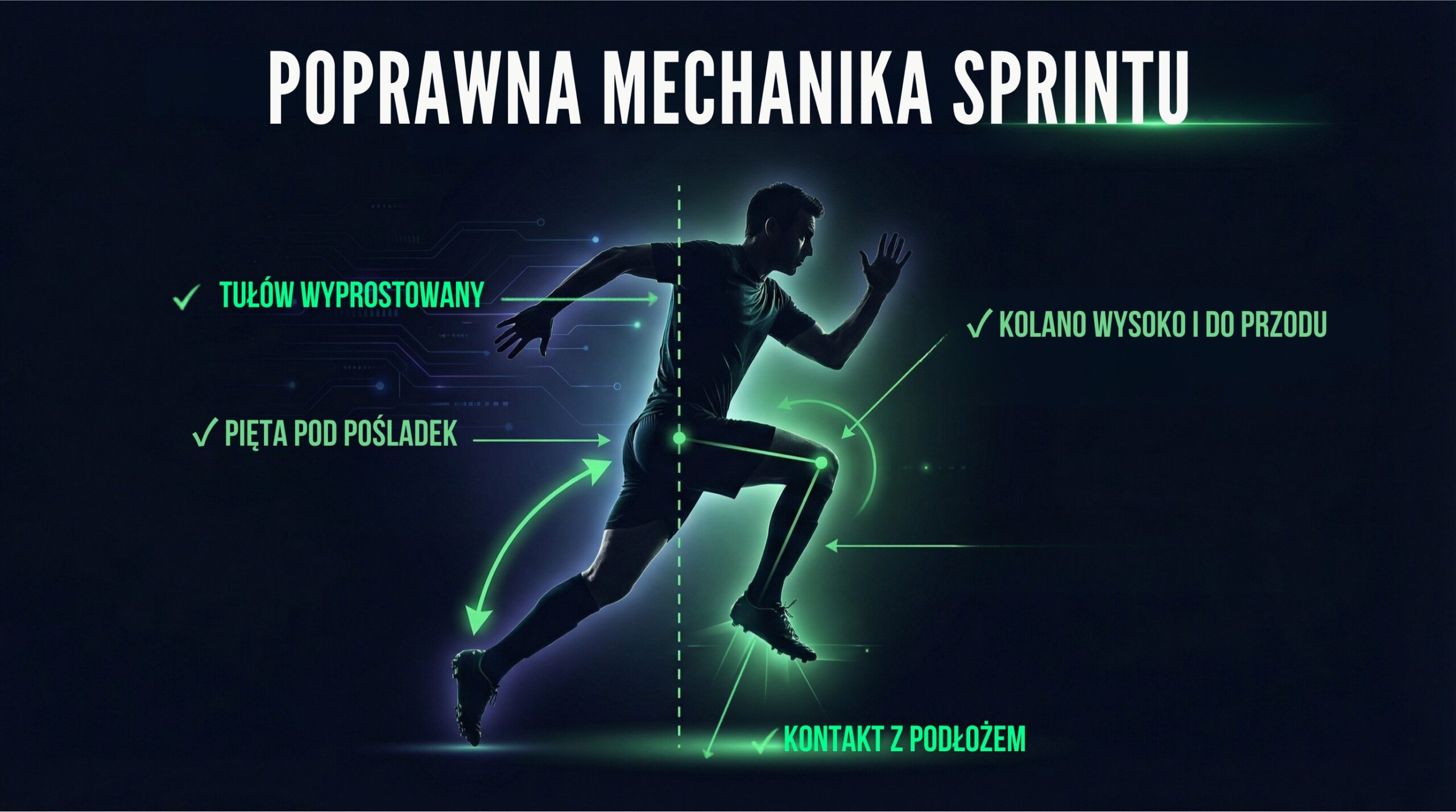 Prędkość maksymalna — poprawna mechanika sprintu: tułów wyprostowany, kolano wysoko i do przodu, pięta pod pośladek, kontakt z podłożem