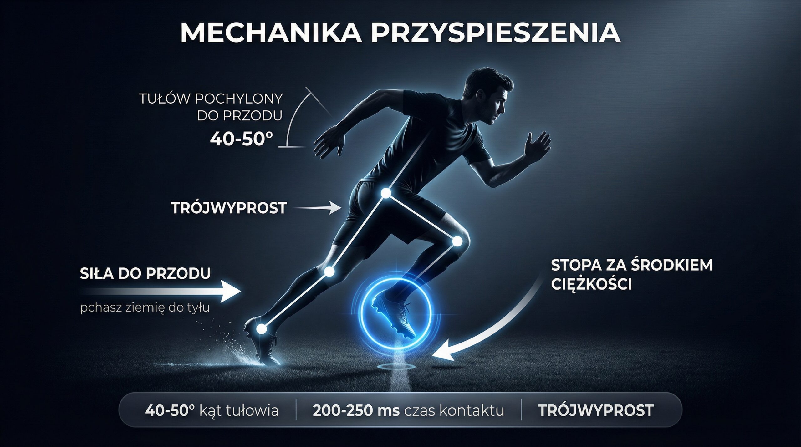 Przyspieszenie piłkarza — mechanika pierwszych metrów: kąt tułowia, kontakt stopy za środkiem ciężkości, trójwyprost